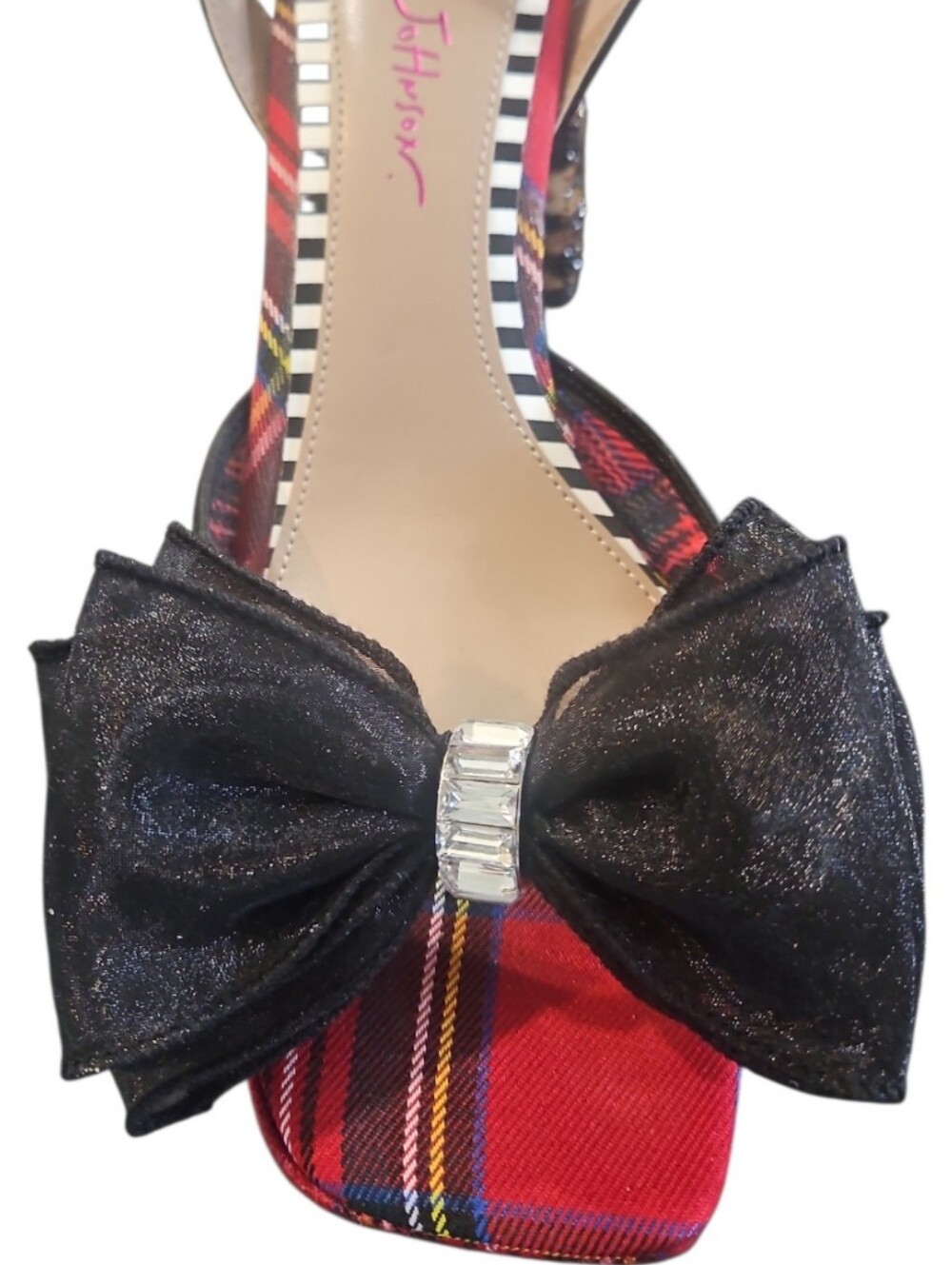 Betsey Johnson Palloma Red Plaid Platform Bow Dress Sandals Sz 9 Leopard Heel - Picture 11 of 12